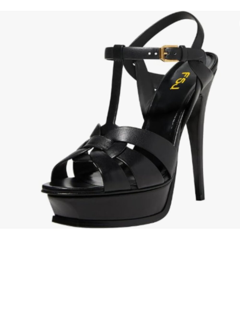 FSJ Black T-Strap Platform with Peep Toe Ankle Strap Stiletto Heels Sandals